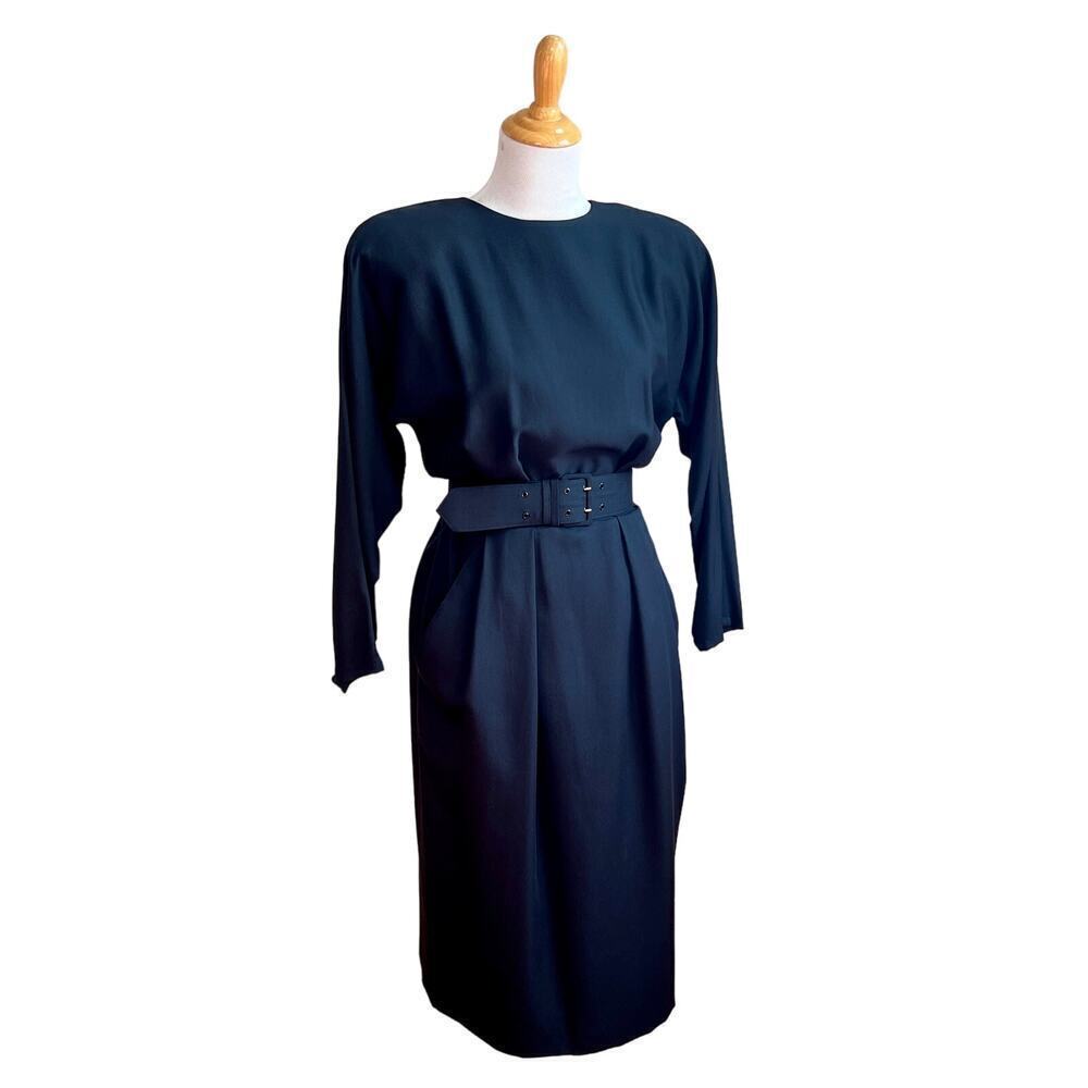 Vintage 80s‎ Ann Tjian For Kenar Black Belted Dolman Sleeves Midi Dress 8